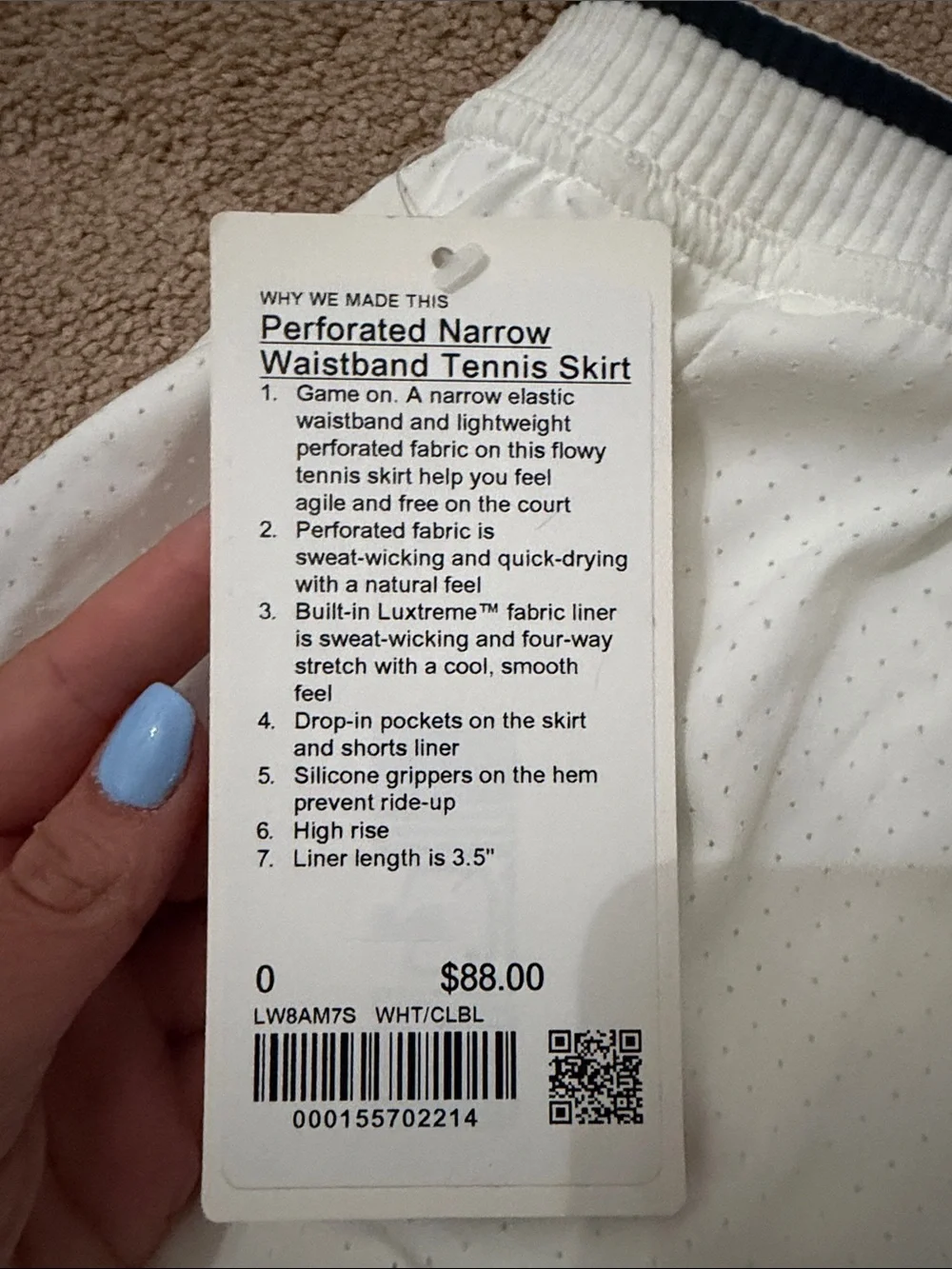 NWT lululemon athletica White Perforated Narrow Waistband Tennis Skirt size 0